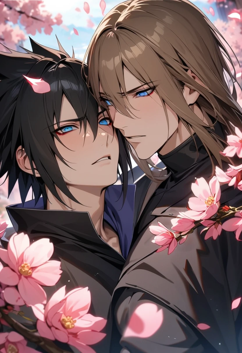 absurdres, highres, ultra detailed, HDR, masterpiece, Uchiha Sasuke, expressive red eyes, black hair, hair between the eyes, Naruto Shippuden, Dainsleif, straight brown hair, with bangs, expressive blue eyes, Genshin Impact, 2men together, gay couple, handsome, black ninja clothes, black pants, pink flowers, pink butterflies, petals, blossoms