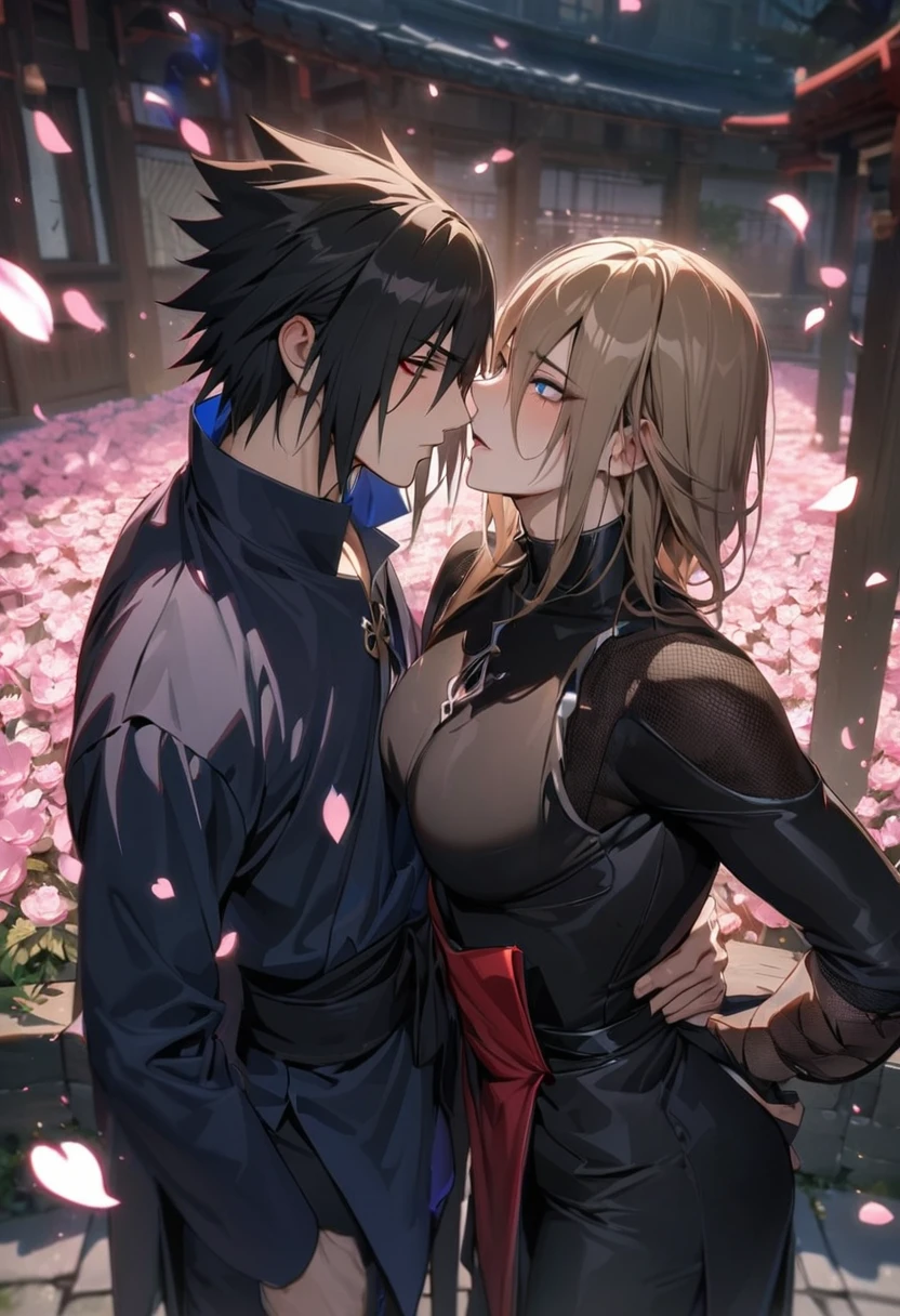 absurdres, highres, ultra detailed, HDR, masterpiece, Uchiha Sasuke, expressive red eyes, black hair, hair between the eyes, Naruto Shippuden, Dainsleif, straight brown hair, with bangs, expressive blue eyes, Genshin Impact, 2men together, gay couple, handsome, black ninja clothes, black pants, pink flowers, pink butterflies, petals, blossoms