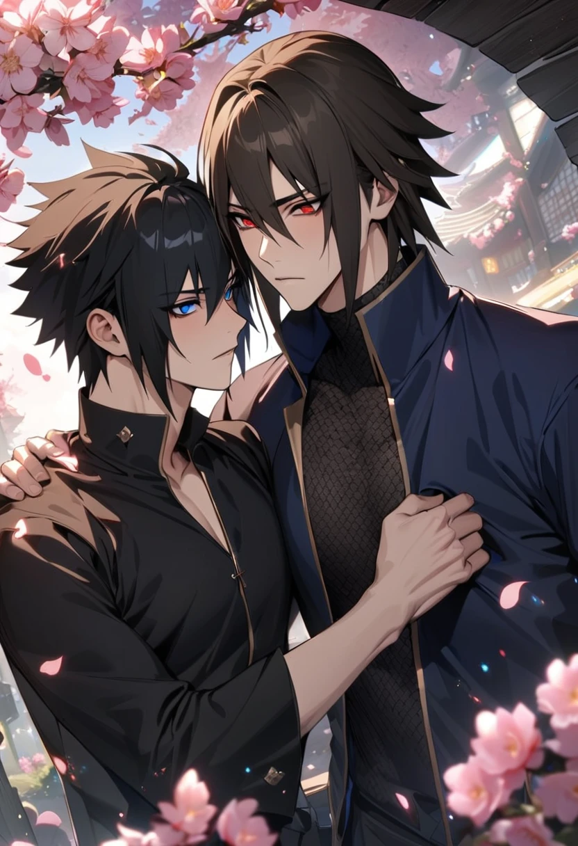 absurdres, highres, ultra detailed, HDR, masterpiece, Uchiha Sasuke, expressive red eyes, black hair, hair between the eyes, Naruto Shippuden, Dainsleif, straight brown hair, with bangs, expressive blue eyes, Genshin Impact, 2men together, gay couple, handsome, black ninja clothes, black pants, pink flowers, pink butterflies, petals, blossoms