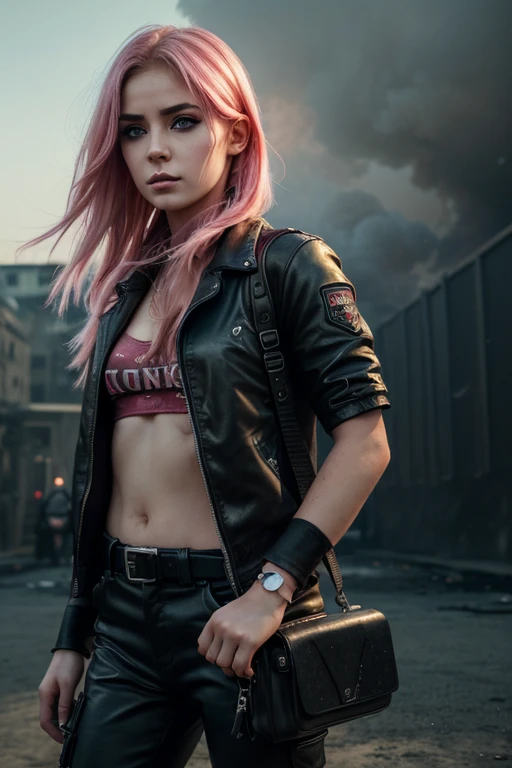 ((Best quality, 8k, Masterpiece: 1.3, realistic)), ((5120x1440)), Sharp focus: 1.2, 30 year old woman, ((Pink hair with orange/blue highlights)), Zombie apocalypse, Pistol holster strapped to leg, Assault rifle M4 on back, Machete in left hand, Desert Eagle Pistol in Right hand, Cargo pants, Hoodie, BodyArmor, backdrop of city burning, Looking at viewer, Dark and stormy day, raining, sunset, depth of field, (special attention to skin detail: 1.2), Detailed leather texture, Smoky atomsphere, (pale skin), Adult, ((Eye makeup, pink mascara)), ((large detailed lips)) (((ultra realistic))), masterpiece, Full body, Small nose, Sharp focus: 1.2, Multiple Ear Piercings, right side stud nose piercing, plain skin, ((very detailed eyes, very detailed iris)), Taken with Nikon Z 14mm ultra wide-angle, photography, subsurface scattering, radiant light rays, high resolution, high detail, sharp focus, soft, aesthetic, very detailed, spooky atmosphere, looking at viewer, smoke in sky, Burning, depth of field, ((she has blood on her with cuts and scratches)),