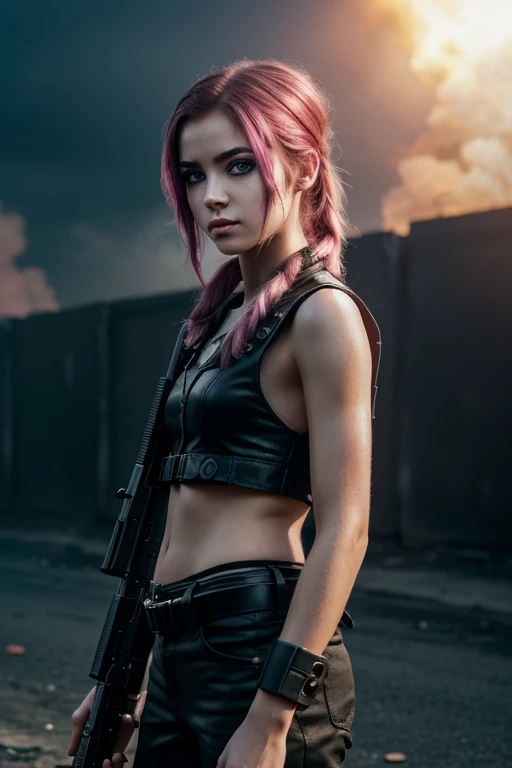 ((Best quality, 8k, Masterpiece: 1.3)), ((5120x1440)), Sharp focus: 1.2, Full body, 2 girls, girl1= black hair, girl2= pink/orangehair, Zombie apocalypse, cuts on arms, blood, scratches, smokey atomsphere, backdrop of city burning, girl1=baseball bat, girl2= M4 assault rifle, muscles, cargo pants, body armor, looking at viewer, smoke in sky, Burning, depth of field, (special attention to skin detail:1.2), detailed leather texture, skin pores, spooky atmosphere, (pale skin), Adult, ((girl1=Eye makeup, pink Mascara)) ((girl2=black makeup, black mascara)),Photorealism, Taken with, Canon EOS 4000D DSLR Hyperrealistic, ((portrait, close to camera)) Hyperrealistic, splash art, concept art, mid shot, intricately detailed, color depth, dramatic, 2/3 face angle, side light, colorful background