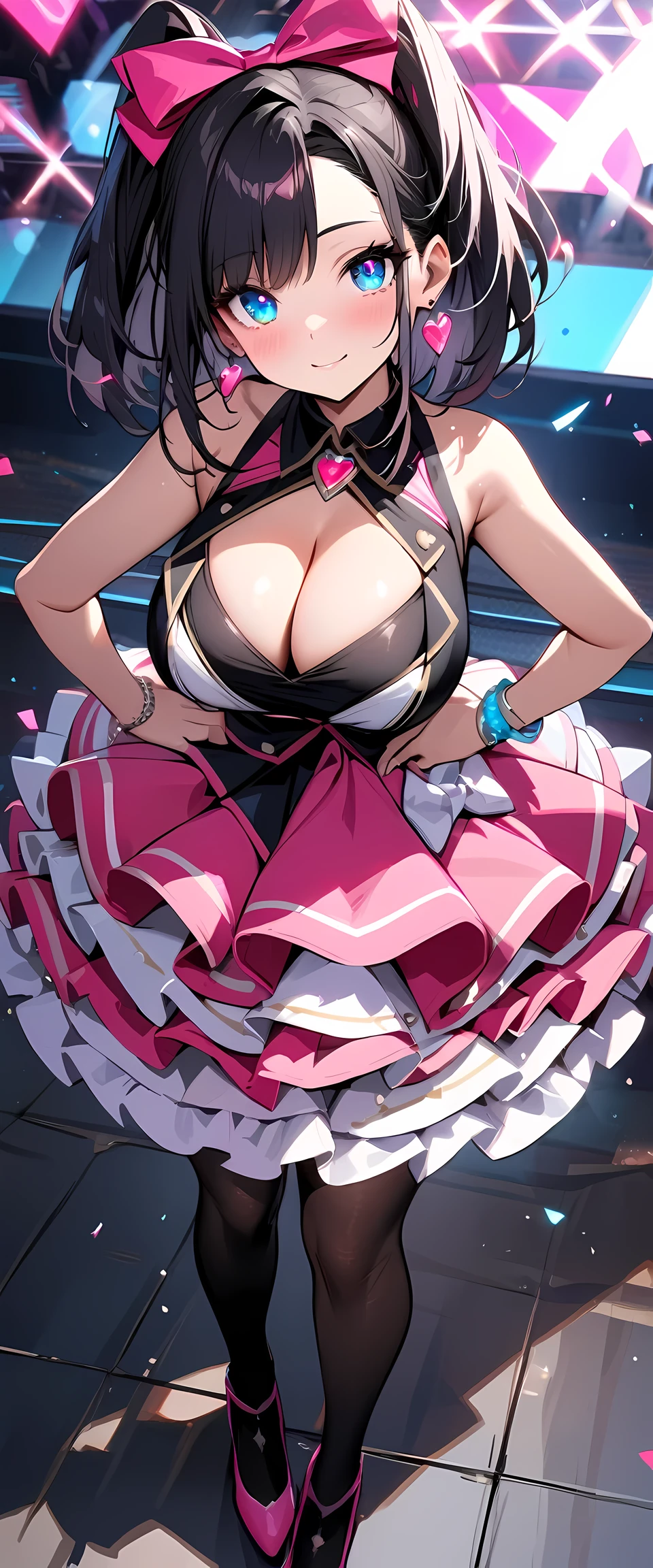 (masterpiece), best quality, expressive eyes, perfect face,1girl,marnie_\(pokemon\),(black and pink idol dress:1.4),frilled layered skirt,(big breasts),pink pearl earrings,black thighhigh heels,stage,cofetti,black hair,asymmetrical bangs ,cleavage,looking at viewer,light smile,bracelets, bangles, eyeshadows, eye liner,glistening eyes, hyper detailed eyes, intricate eyes, beautiful eye, blue eyes,standing,head tilt,full-body shot