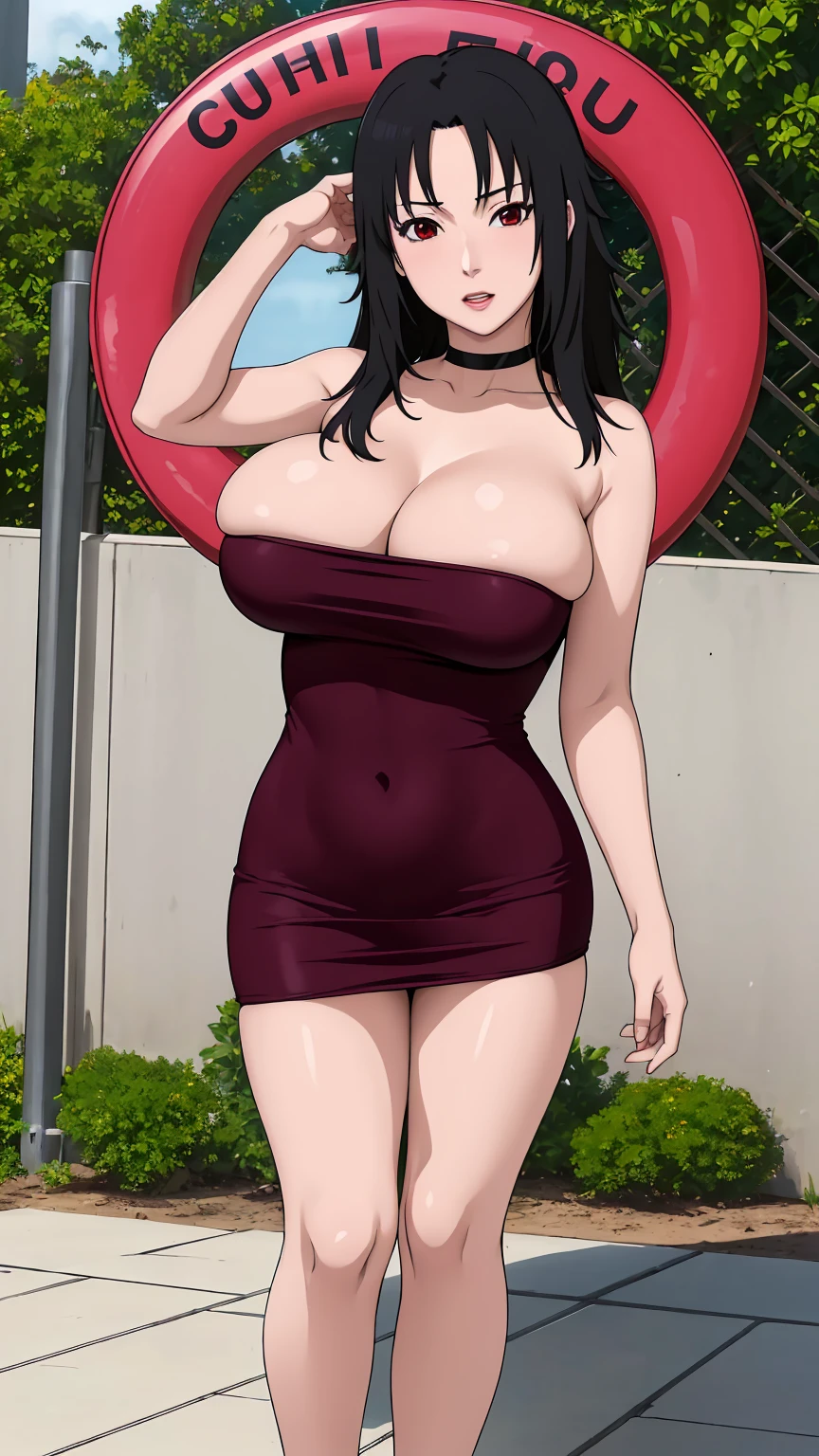 masterpiece, ultra high-quality, extremely detail 8k cg, high resolution, 1girl, kurenai yuhi, black hair, red eyes, thin body, huge breasts, bursting breasts, strapless shorttubedress, choker, beautiful face, outdoors, garden, full shot photo, full body