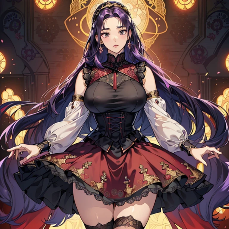 (Anime Moe Style)),((Game CG)),(masterpiece),(highest quality), (Very detailed),shape,((Very delicate and beautiful)),　,Embarrassed expression,Watching the audience,(((18 years old female)),((whole body)),Detailed face and eyes,Intense eyes like jewels,(Shortcuts),,,(Super huge breasts,Long and saggy breasts,）　　　　Voluptuous body　Purple hair, black eyes　　A long-sleeved, long-skirted dress made entirely of gorgeous lace. A tight-fitting lace dress. Gorgeous black, red and gold lace fabric. Princess line. Sleeveless. Gorgeous lace fabric. Super mini skirt. Black knee-high socks. Arms spread. Legs apart.