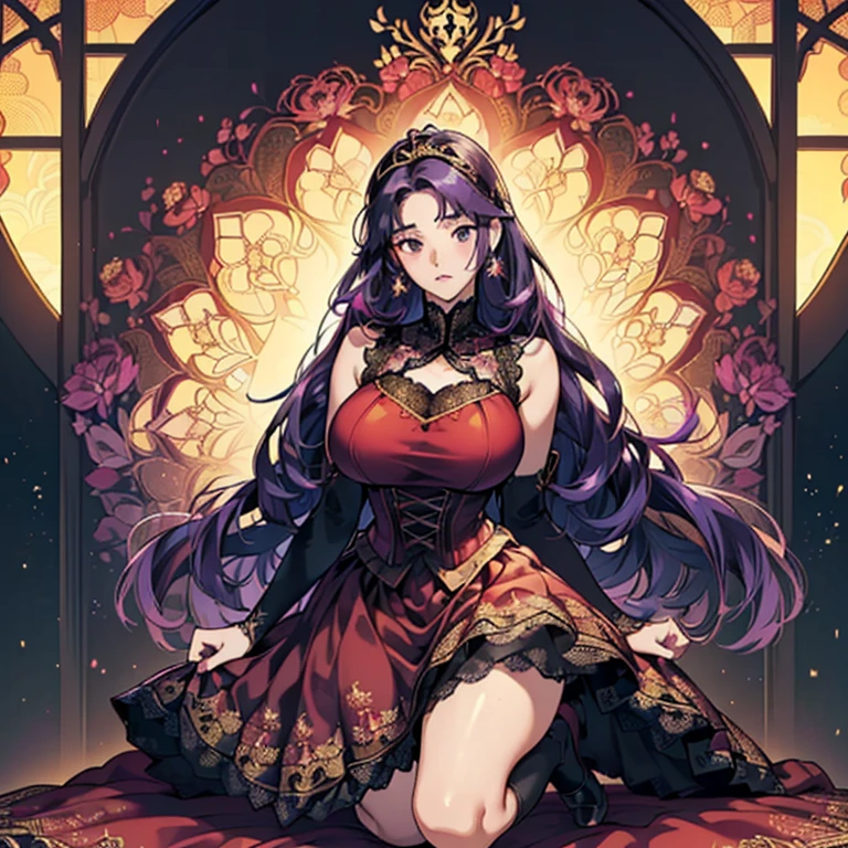 (Anime Moe Style)),((Game CG)),(masterpiece),(highest quality), (Very detailed),shape,((Very delicate and beautiful)),　,Embarrassed expression,Watching the audience,(((18 years old female)),((whole body)),Detailed face and eyes,Intense eyes like jewels,(Shortcuts),,,(Super huge breasts,Long and saggy breasts,）　　　　Voluptuous body　Purple hair with white mesh and black eyes　　A long-sleeved, long-skirted dress made entirely of gorgeous lace. A tight-fitting lace dress. Gorgeous black, red and gold lace fabric. Princess line. Sleeveless. Gorgeous lace fabric. Super mini skirt. Black knee-high socks. Arms spread. Legs apart.