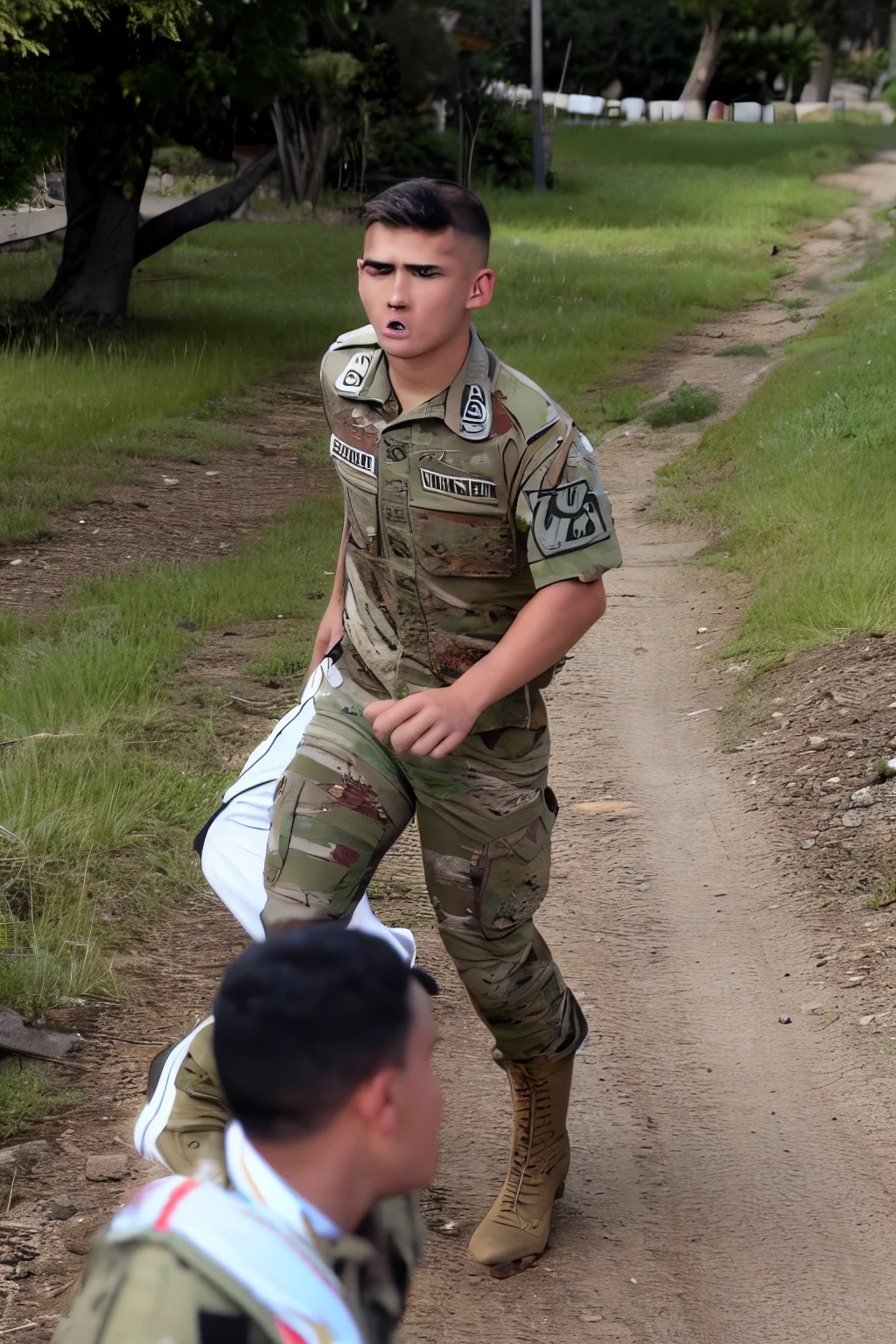 (Flawless perfectly end result), ((fully clothed:1.5)), ((1military_girl)), 1girl getting doggystyle by 1oldman, 42yo milf, ((calm & collected girl)), (middle short red hair with side bangs love lock), (1girl wearing camo millitary fatigue/field combat uniform - a captain-commander combat infantry uniform:1.5), (1girl wearing camo-themed thongs), ((combat_boots:1.5)), army, ((army dog tags)), (simple earrings), red lipstick, cool mature facade, sensual & alluring milf, brown eyes, massive natural breasts:1, beautiful collarbone, wide breedable hips, (thick milf thighs), (curvy milfy body), expressive eyes, perfect face, double eyelid, (standing wide - legs apart:1.5), ((strike a sensual arousing pose)), TWERKING, ((fully_armed_with_action_rifle)), standing amongst her army-men, 1girl getting doggystyle, BREAK, (1girl_army_captain & multiple_men_soldiers), (((forest opening surrounded by lushful trees at night:1.5))), conflict area, A hut in the forest, on grass opening, at evening night, BREAK, absurdres, high res, ultrasharp, focused camera, 8K Hyper-HD, (masterpiece), modeling pose, full-body side view, eyes on camera, professional photograph, award-winning portrait, masterpiece, high detail full-body view, symmetrical, Nikon D850, 85mm lens, f/1.8, depth of field, milf, BREAK, army-themed people wearing combat fatogue, 1girl; multipleboy, hetero, (imminent_rape), (imminent_gangrape), Proper fat!oldmales, terrific_,penises beautiful_veiny_penises, pebis_absolute_perfection, (fat_oldmales with better perfect flawless penis), (surrounded by fat oldmales with gross & veiny girthed penises:1.5), , blackedscene, blkd, ((african_niggers:1.2)),