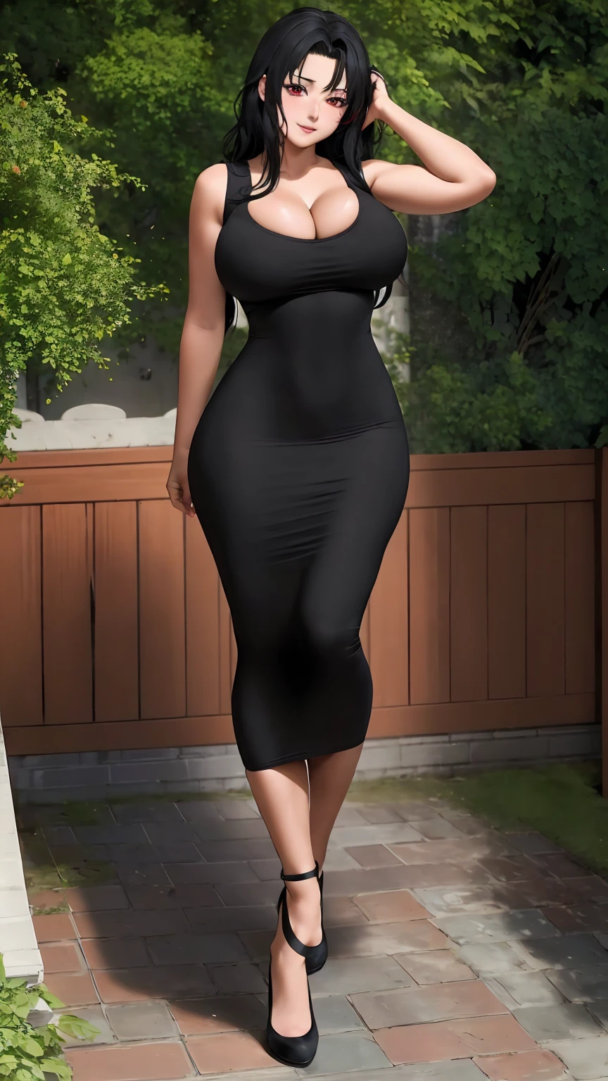 masterpiece, best quality, extremely detail 8k cg, high resolution, 1girl, kurenai yuhi, black hair, red eyes, slim body, huge breasts, bursting breasts, black tee shirt dress, sleeveless, cleavage, outdoors, garden, beautiful face, full shot photo, full body