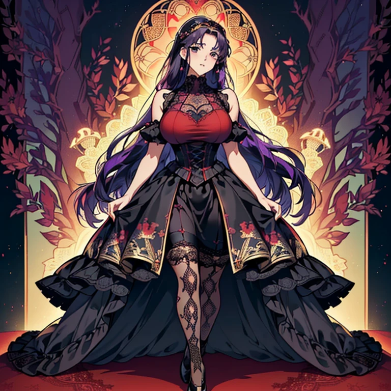 (Anime Moe Style)),((Game CG)),(masterpiece),(highest quality), (Very detailed),shape,((Very delicate and beautiful)), ,Embarrassed expression,Watching the audience,(((18 years old female)),((whole body)),Detailed face and eyes,Intense eyes like jewels,(Shortcuts),,,(Super huge breasts,Long and saggy breasts,) Voluptuous body Purple hair with white mesh and black eyes A long-sleeved, long-skirted dress made entirely of gorgeous lace. A tight-fitting lace dress. Gorgeous black, red and gold lace fabric. Princess line. Sleeveless. Gorgeous lace fabric. Super mini skirt. Black knee-high socks. Arms spread. Legs apart.