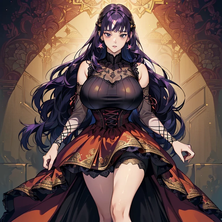 ((anime artstyle)),(Masterpiece),(Best Quality), (Super Detail),((Very Delicate and Beautiful)),(((Solo))),((full body portrait)),((1 arrogant queen in beautiful embroidery black gorgeous rococo princess ballgown with Fluffy full length hoop skirt)),gold trim,((crinoline)),gorgeousfull embroidery,Long train((arrogant,haughty)),(((arrogant smile))),Sharp eyes,(standing in the royal palace,holding a luxurious scepter),sunlight,((gorgeous gemstone jewelry)),detailed face and eyes,jewel-like eyes,Purple eyes,(Bangs between eyes),((large amount of straight hair,extremely Long voluminous black Hair)),((gigantic tits,Long tits)),gorgeousfull embroidery,cleavage,extremely gorgeousfull hair ornament,(bling-bling extremely gorgeousfull jeweled tiara),gorgeous corsage,(Dynamic Angle),Looking at viewer,(full body)),((beautiful  embroidery black gorgeous rococo princess ballgown with Fluffy full length Fluffy hoop skirt))