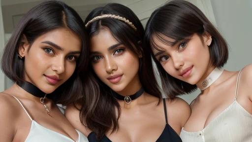 Three girls, (cute white arab women, 18 years old, (full figure:1.2), round face shape, small nose, thin nose, thin nostril, small nose-tip, beautiful small delicate nose, (very thin) round eyebrows, (very thin eyebrows), perfect thin lips, red lipstick, (big) (round) feminine cheeks, cheek dimples, very cute cheeks, prominent round:1.8 cheekbones, clean skin, tan:1.8 skin, black short hair, choker, big brown (drop) eyes, wearing a (white) strapless mini dress) smiling), (Big breasts:1.3), (kissing:1.3), (Masterpiece), (Realistic), (best quality), (8K), ultra detailed, UHD, RAW,