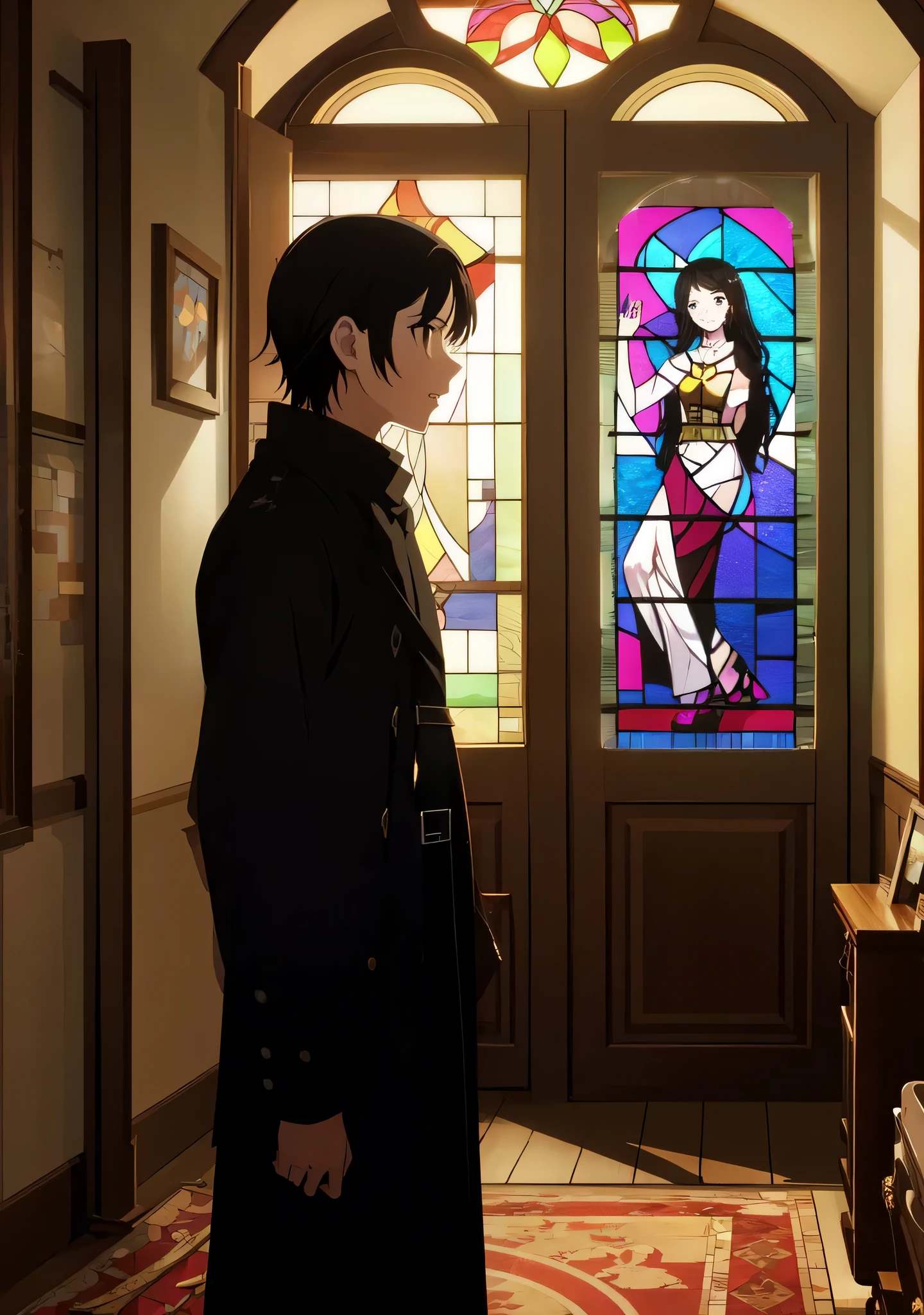 Stained glass, hand on the black heart of a sinner