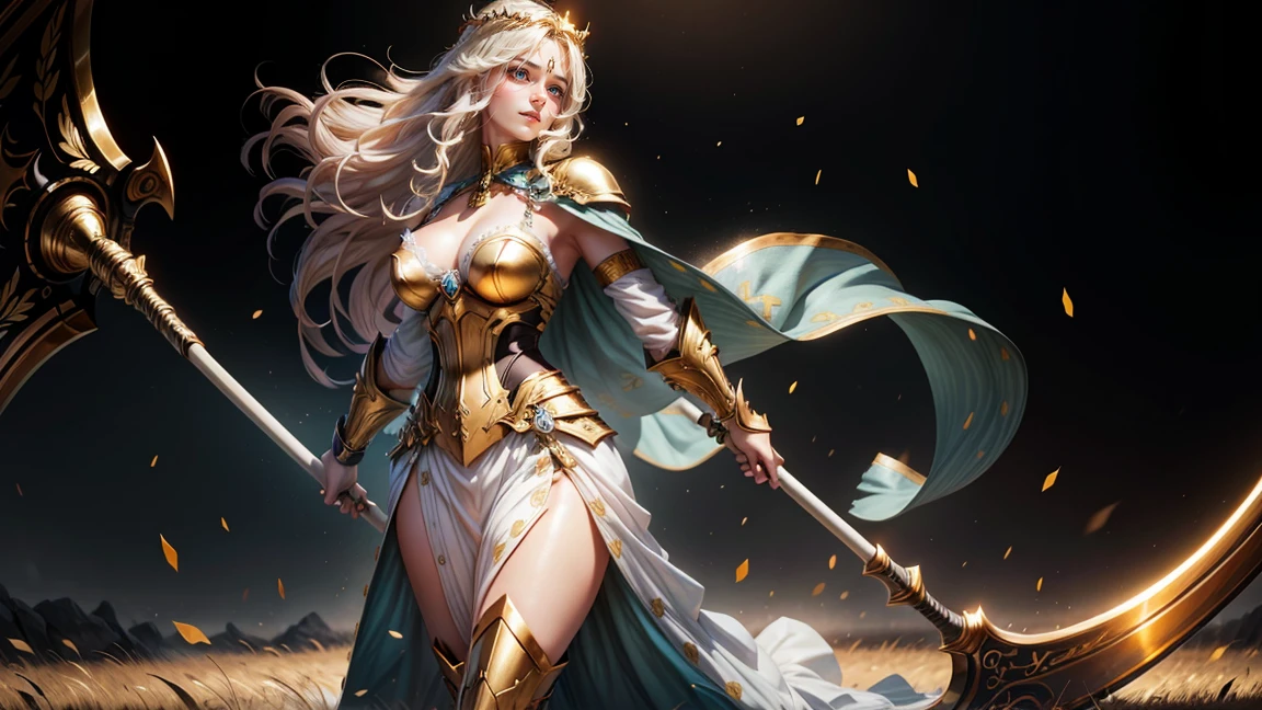 ((official art)), 1girl, solo, full body shot, light blue eyes, gold armor, long cape, white skirt, golden armor, (large breasts), small waist, wide hips, thick thighs, long hair, glossy lips, deep cleavage, 30 yo girl, smile, flowing skirt, (grass field), full body shot, very long hair, glowing hair, floating hair, (blonde hair), long dress, slit skirt, flowing hair, glossy lips, smiling, metal armor, (holding a scythe), large scythe, walking, golden scythe, golden leg armor, (dark cape), (white skirt), long skirt, warscythe, medieval armor, (female warrior), goddess of war, warrior princess, yellow grass field, Forehead Chain Crown Headband Water Drop, Hair Jewelry Accessories, pure gold armor, shiny armor, ((scythe)), holding scythe, down, Blue-eyed blonde warrior with gleaming armor, wide angle, very long hair, ethereal light, high saturation, gold breast armor, 

BREAK, 
perfect eyes, expressive eyes, extremely detailed eyes, beautiful eyes, expressive eyes, gradient eyes, glistening eyes, perfect eyes, extremely detailed face, expressive face, perfect face, extremely detailed hands, extremely detailed fingers, perfect hands, perfect fingers, extremely detailed body, perfect anatomy, (extremely detailed physique), glossy hair, glossy skin, (extremely detailed hair), (extremely detailed clothing), (extremely detailed accessories), (detailed background), (intricate background), (detailed scenery), (perfect scenery), 

BREAK,
full body shot, photorealistic, best quality, (extremely detailed CG unity 64k wallpaper), ultra-high resolution, ultra-high definition, maximalist, 64k UHD, highres, intricate, intricate details, absurdres, highly detailed, finely detailed, ultra-detailed, ultra-high texture quality, DLSR, RTX, (HDR), detailed textures, ultra-high pixel detail, professionally color graded, full color depth, sharp focus, volumetric lighting, natural shadow, dramatic shading, dramatic lighting, 