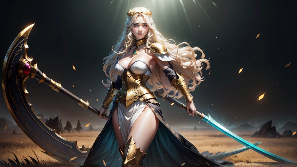 ((official art)), 1girl, solo, full body shot, light blue eyes, gold armor, long cape, white skirt, golden armor, (large breasts), small waist, wide hips, thick thighs, long hair, glossy lips, deep cleavage, 30 yo girl, smile, flowing skirt, (grass field), full body shot, very long hair, glowing hair, floating hair, (blonde hair), long dress, slit skirt, flowing hair, glossy lips, smiling, metal armor, (holding a scythe), large scythe, walking, golden scythe, golden leg armor, (dark cape), (white skirt), long skirt, warscythe, medieval armor, (female warrior), goddess of war, warrior princess, yellow grass field, Forehead Chain Crown Headband Water Drop, Hair Jewelry Accessories, pure gold armor, shiny armor, ((scythe)), holding scythe, down, Blue-eyed blonde warrior with gleaming armor, wide angle, very long hair, ethereal light, high saturation, gold breast armor, 

BREAK, 
perfect eyes, expressive eyes, extremely detailed eyes, beautiful eyes, expressive eyes, gradient eyes, glistening eyes, perfect eyes, extremely detailed face, expressive face, perfect face, extremely detailed hands, extremely detailed fingers, perfect hands, perfect fingers, extremely detailed body, perfect anatomy, (extremely detailed physique), glossy hair, glossy skin, (extremely detailed hair), (extremely detailed clothing), (extremely detailed accessories), (detailed background), (intricate background), (detailed scenery), (perfect scenery), 

BREAK,
full body shot, photorealistic, best quality, (extremely detailed CG unity 64k wallpaper), ultra-high resolution, ultra-high definition, maximalist, 64k UHD, highres, intricate, intricate details, absurdres, highly detailed, finely detailed, ultra-detailed, ultra-high texture quality, DLSR, RTX, (HDR), detailed textures, ultra-high pixel detail, professionally color graded, full color depth, sharp focus, volumetric lighting, natural shadow, dramatic shading, dramatic lighting, 