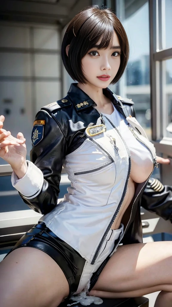 NSFW,1girl,(Best quality, 8k, 32k, Masterpiece, UHD:1.2), (realistic:1.5), (masterpiece, Extremely detailed CG unity 8k wallpaper, best quality, highres:1.2), (ultra detailed, UHD:1.2), Photo of extremely cute and beautiful Japanese woman, (pixie cut:1.2), adult, (detailed beautiful girl:1.4), best quality, woman, adult, (detailed US air-force pilot captain uniform:1.5), (white pilot captain shirt:1.5), (black high-waist leather shorts:1.3), embarrassed laughing:1, looking at viewer, ((perfect female sexy body)), (narrow waist:1.2), ((sit in the commander's seat,wide open legs):1.3, (big breasts, big areolas,no bra,elect nipple,Wedgie,see-through):1.5, frame the head, wind, dynamic pose, cinematic light, back light, detailed clothes, perfect anatomy, perfect proportion, detailed human body, ((spaceship technology room)),((cum on body:1.5,bukkake:1.5))