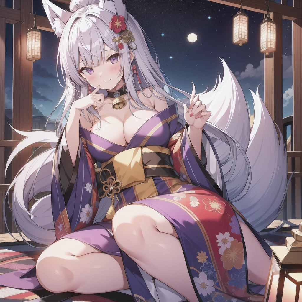 High resolution、highest quality、4K、Gray Hair、Bangs、Slanted Eyes、Purple Eyeshadow、Purple lipstick、Glowing yellow eyes、Yellow bell hair ornament、Pale skin、A girl with nine fox tails、深いPurple Oiran、Purple Oiran、topless、White fox ears、sexy、Large Breasts、Cleavage、Ruthless smile、青白いfireball、fox fire、Full moon night、Full Body、fireball