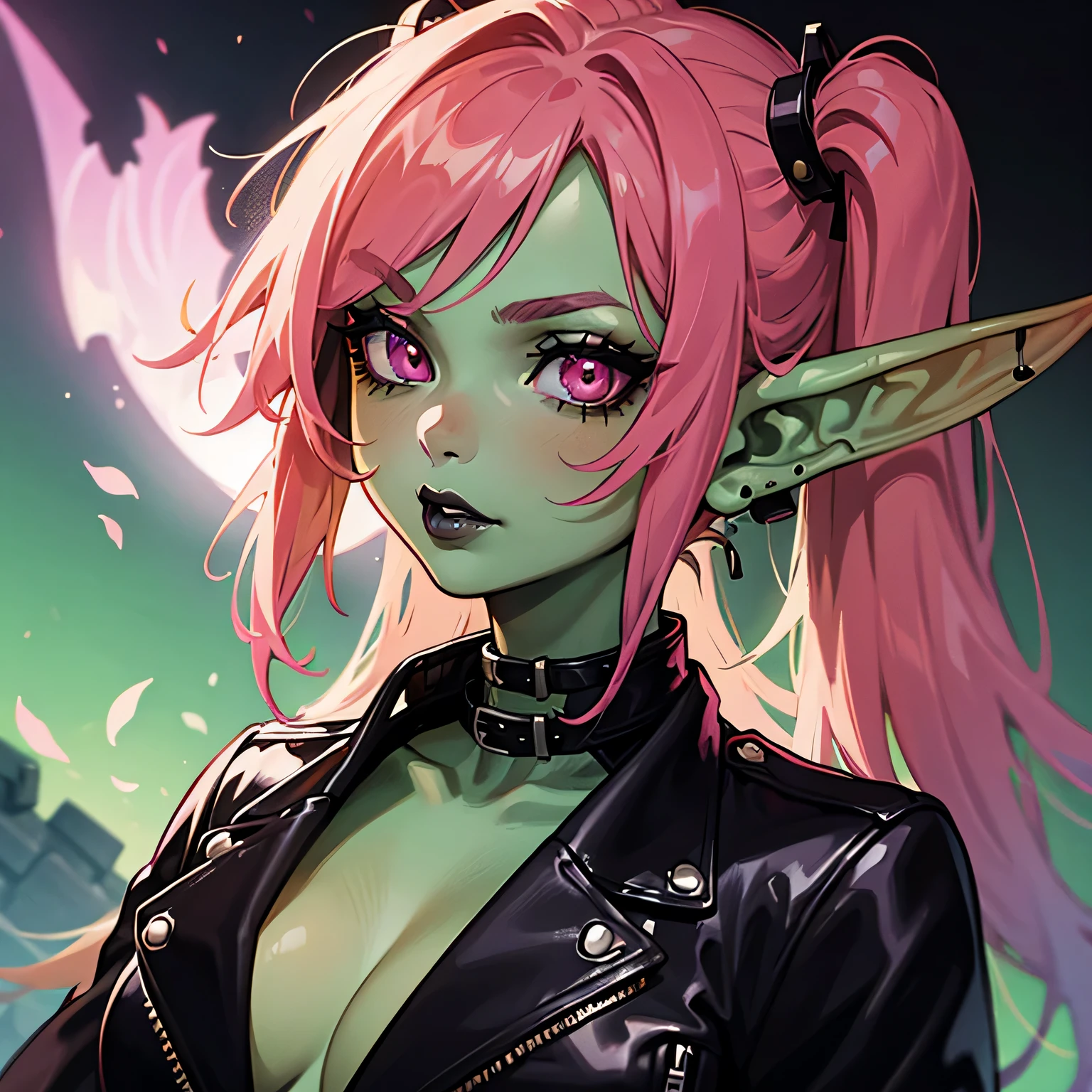 1 girl, portrait, goblin girl, green skin, bright pink hair, long hair, lip piercing, pink eyes, black shirt, black tie, black lipstick, black eye makeup, black background, hands behind back, biker lady, leather jacket, close-up