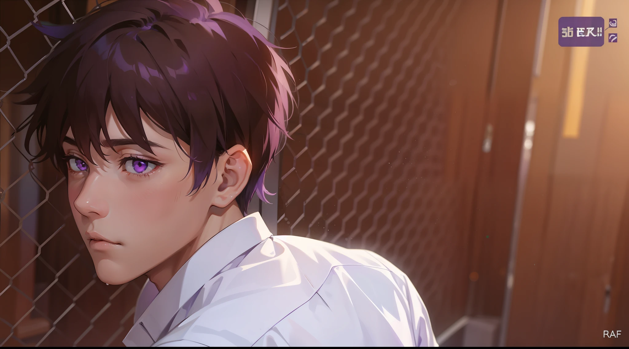 boy men young manly 17 years old purple eyes purple hair is sad upset