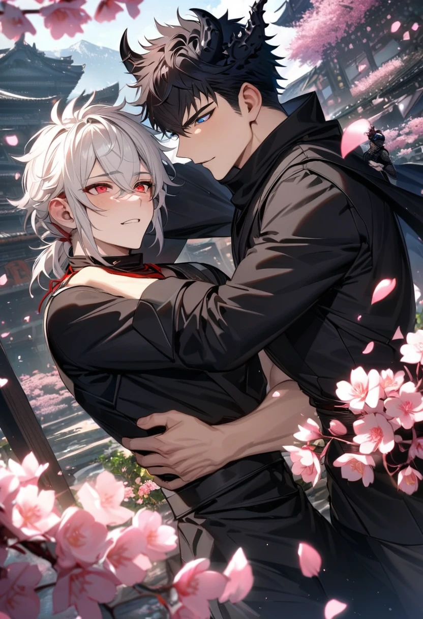 Ultra detailed, highres, absurdres, HDR, Fushiguro Megumi, black hair, expressive green eyes, Gojou Satoru, white hair with bangs, expressive blue eyes, white eyelashes, Jujutsu Kaisen, pink flowers, petals, fireflies, pink moon, 2 sexy men together, gay couple, handsome, very detailed face and eyes, black scarf, white haori, tone chest, love, lying down, happy, master piece