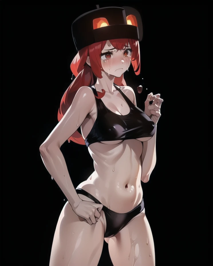 1girl, (black background), slime hair, ((red lava hair)), (black swimsuit), black hat, red eyes, ((anime girl)), cry teary face