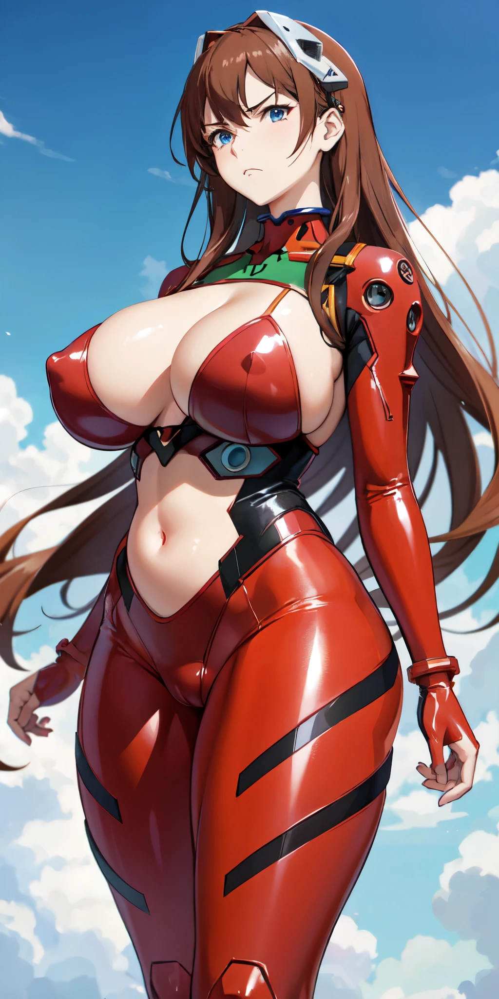 Giantess anime girl with Norma Stitz massive breasts, long light brown hair framing her mesmerizing evangelion face, frowning, anime nose. High quality, masterpiece artwork, trending on artstation style. Asuka's red hair pins. She wear tight red latex plugsuit, red deep cleavage, large areola, erect nipples. In the style of high quality anime movie. Voluptuous body, slim waist, wide hips, thick thighs, hairy plump cameltoe, standing, Tsundere pose. blue sky background.