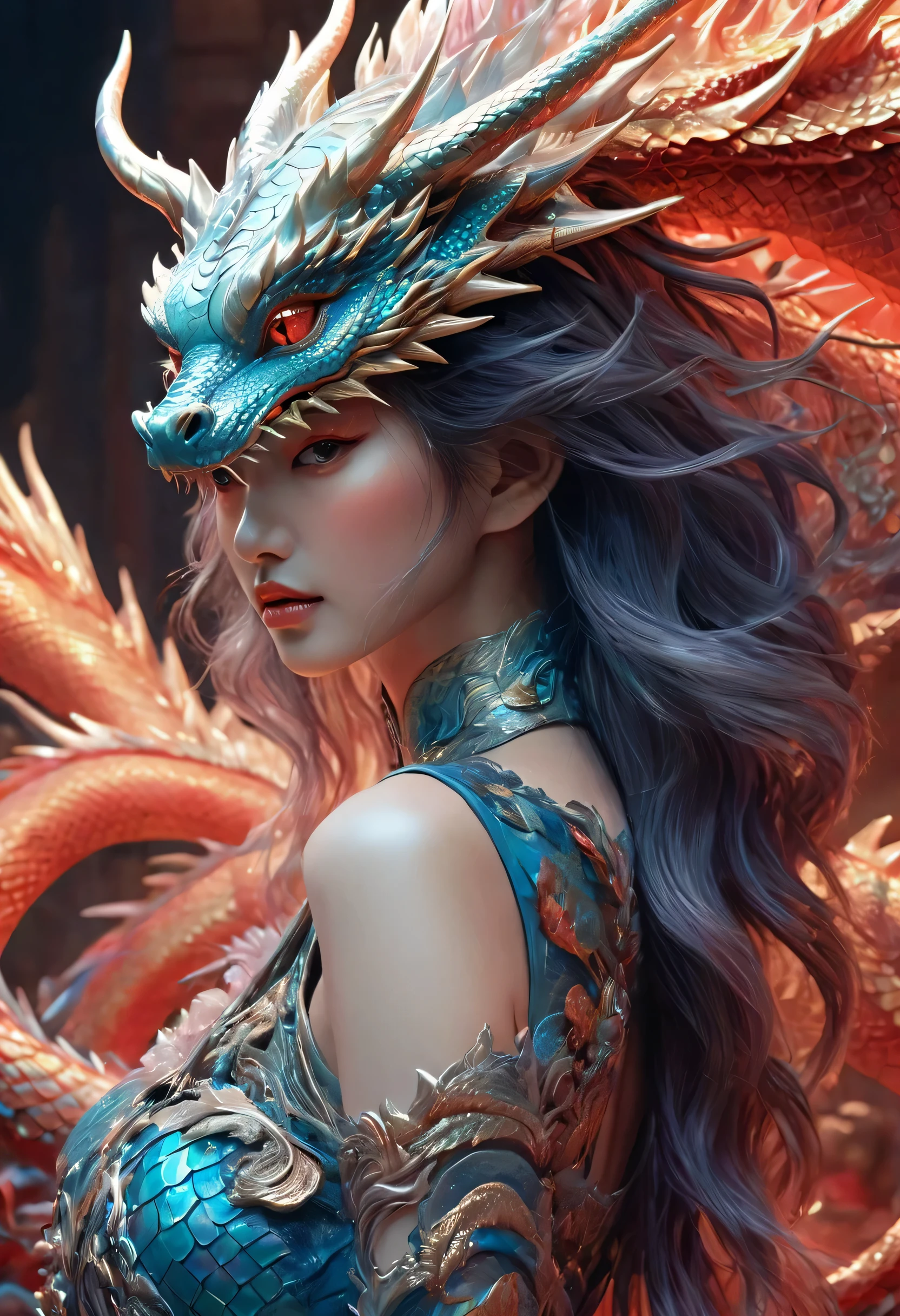 painting of a woman with a dragon headdress and a dragon on her face, beautiful digital artwork, 4k highly detailed digital art, pop japonisme 3 d ultra detailed, stunning digital illustration, intricate digital painting, gorgeous digital art, great digital art with details, stunning digital art, a beautiful artwork illustration, amazing digital art, 4k detailed digital art