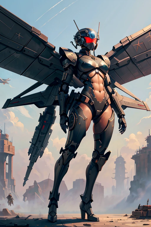 machine, automaton, military, robot, soldier, communist, solo, simple background, humanoid, Russian, soviet, tubing, dark, feminine, tubing, helmet tubing, chest tubing, solo, wings, mech, tall, massive, titan, large wings, pilot, aircraft, large wingspan, armored, winged, visor, mechanical wings, jetpack, jet boots, flying, fighter, bomber, light armor, female, 