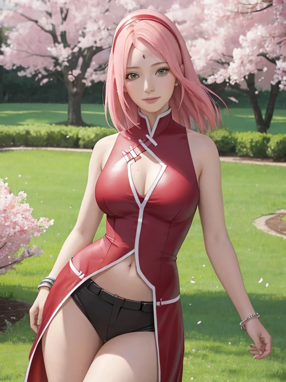 Realistic, Photorealistic,Cowboy shot,Masterpiece, absurdress ,1girl, haruno sakura, forehead mark, red hairband, transparent red sleeveless dress,transparent black panties, bellybutton, groin, A bracelet, looking a viewer, Smile, cherry blossoms, Private garden, the wind, Floating hair, big breastes ,(((wide hips))), Toned body, Detailed eyes,wearing high heels