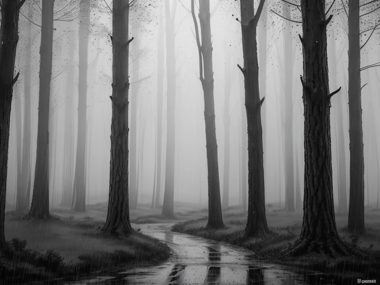 Black and white atmosphere of a forest in rainy weather, when the figures of ravens and a red heart in the center are blurred in the rain. Ink wash style, the depiction of rain and mist with the details of the landscape subtly highlighted