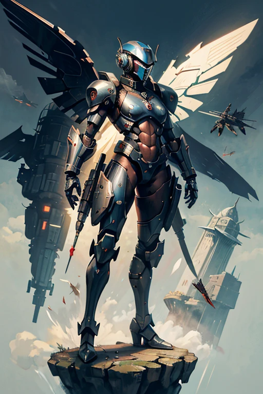 machine, automaton, military, robot, soldier, communist, solo, simple background, humanoid, Russian, soviet, tubing, dark, feminine, tubing, helmet tubing, chest tubing, solo, wings, mech, tall, massive, titan, large wings, pilot, aircraft, large wingspan, armored, winged, visor, mechanical wings, jetpack, jet boots, flying, fighter, bomber, light armor, female,