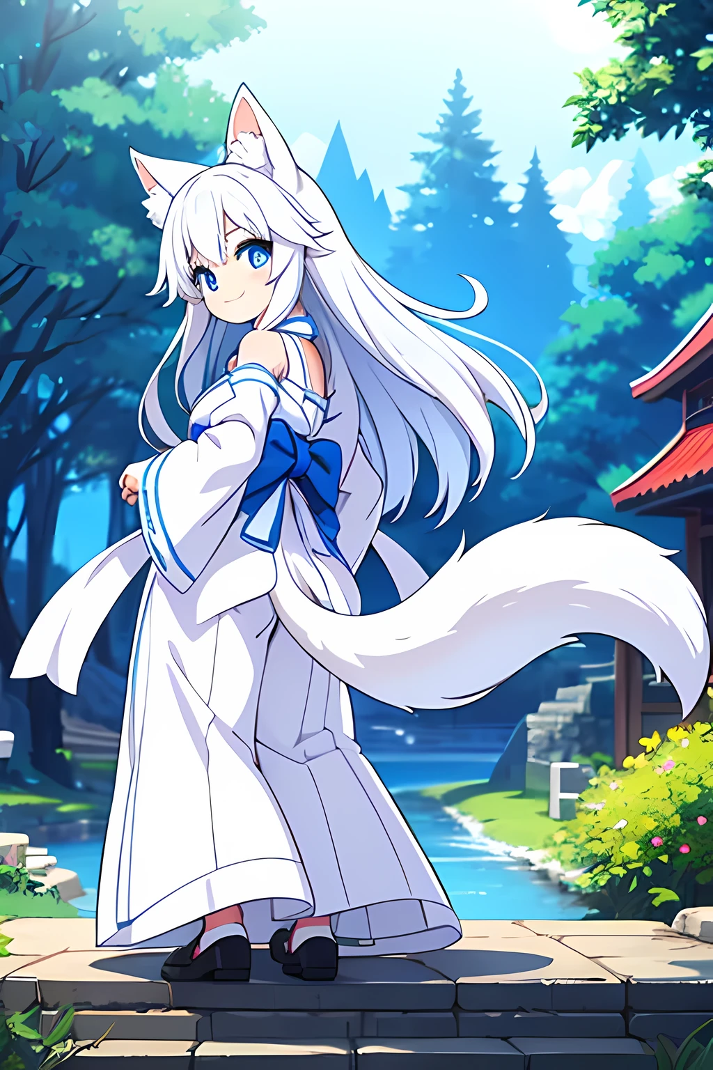 Teenage girl with white fox ears and a white fox tail, Bright Blue Eyes, long white hair, Blue and white shrine maiden costume.　Look back with a smile　The whole body is visible