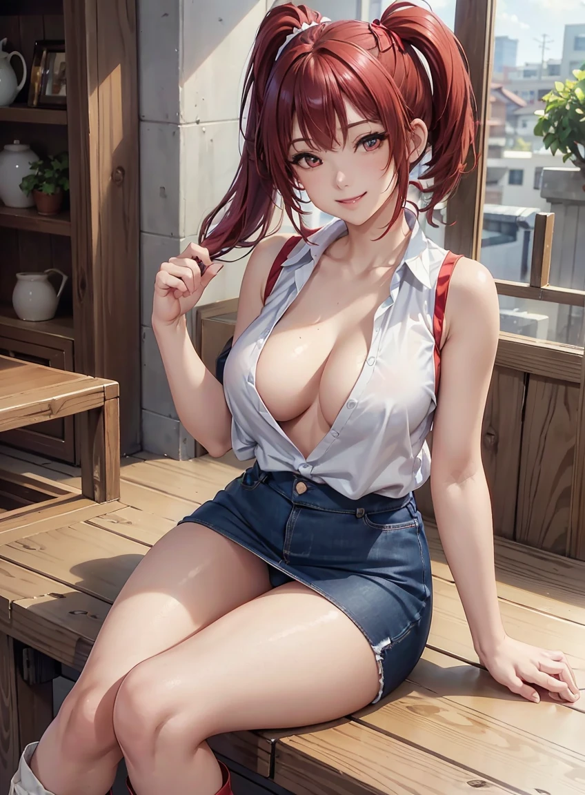 beautiful features、Japanese、Red hair、((side ponytail、hanging eyes:1.2))、shiny smooth hair, thick bangs、(a teasing smile:1.2), highly detailed eyes, highest quality, ultra high resolution, Beautiful and vivid illustrations、Ultra-realistic oily and glossy skin, super fine, High resolution CG Unity 8K wallpaper, Raw photo, precise fingers, anatomically correct, sleeveless jacket、Wide open shirt、exposed chest、pencil skirt、white panties、Denim look、boots、Sitting in a stepped building、