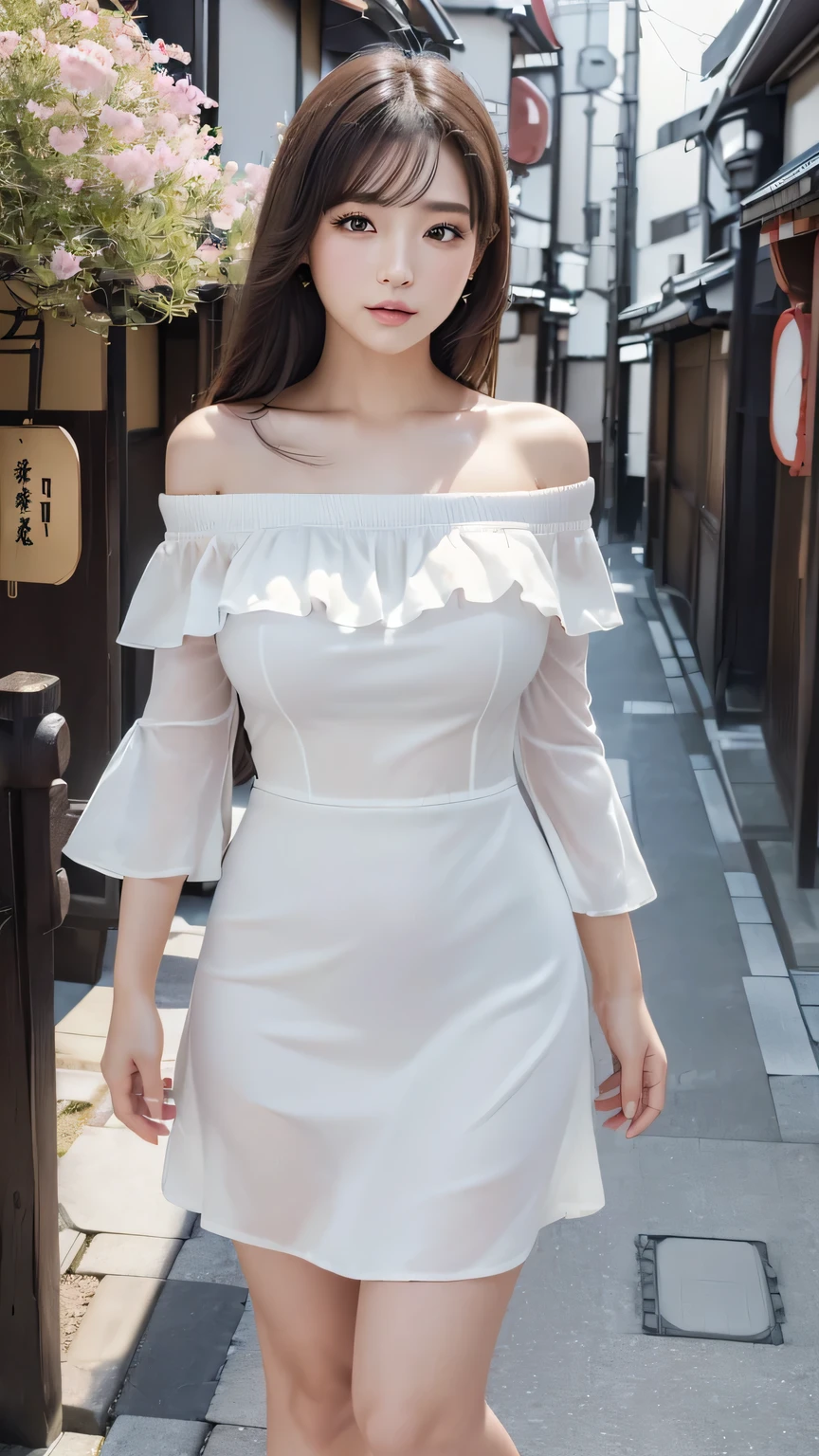 (((masterpiece))),(((High resolution)))、(((8K)))、(((perfect face)))、(((beauty of japan)))、20 years old、(((beautiful face))), (((off shoulder white dress))),  (((skirt))), embarrassed look, look at the camera, (thighs)、top quality eyes, detailed texture, look at the camera, standing, (((plump))), big tits
