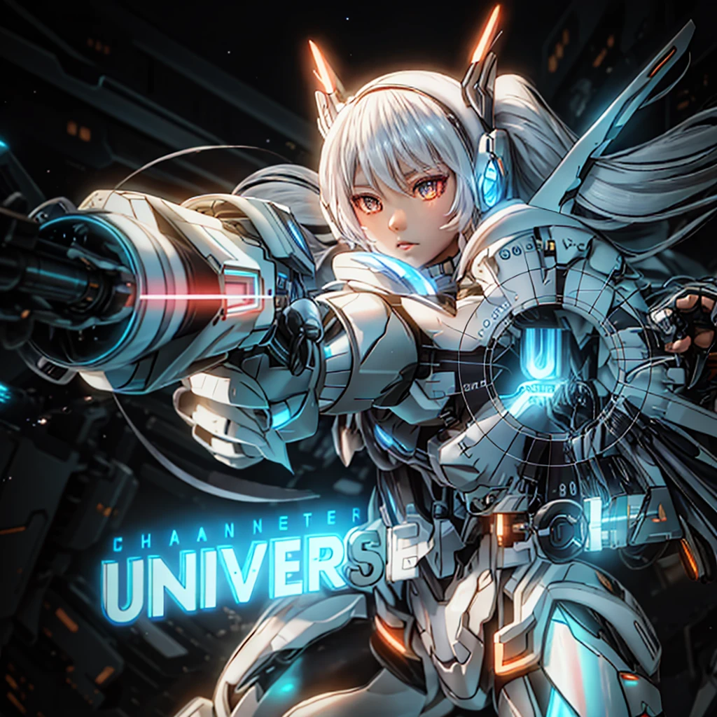 a close up of a person holding a gun with a light on, cyber universe style, ultra mega detailed, girl in mecha cyber armor, mega highly detailed, mecha asthetic, ethereal and mecha theme, anime mecha aesthetic, universal background, ultra highly detailed, ultra mega super hyper detail, ultra-detailed. anime, uhd character details