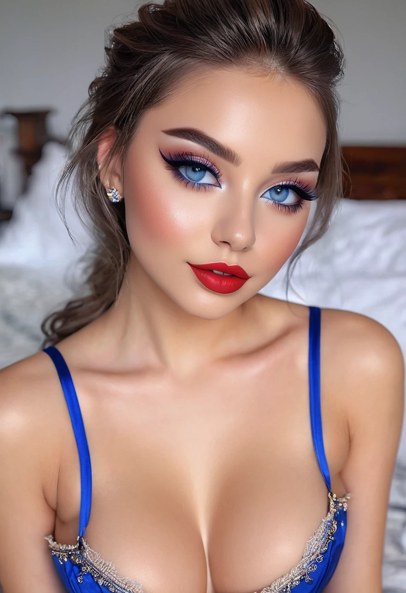 (best quality,ultra-detailed,photorealistic:1.37), vivid colors, beautiful detailed eyes, beautiful detailed lips, long eyelashes, charming smile, flawless skin, trendy hairstyle, Nail polish with bright colors, daintily contoured cheeks , powder-BLUE eyeshadow, striking cat-eye eyeliner, intense satin finish lipstick, sexy expressions, , sleek-and-sexy outfit, high heels, exquisite details in every outfit, prominent presence on in bedroom, stylish accessories, tight corset like clothing with long side splits, exposed hard detailed nipples, ager, on a bed, small pert breasts, gymnast body, legs spread open