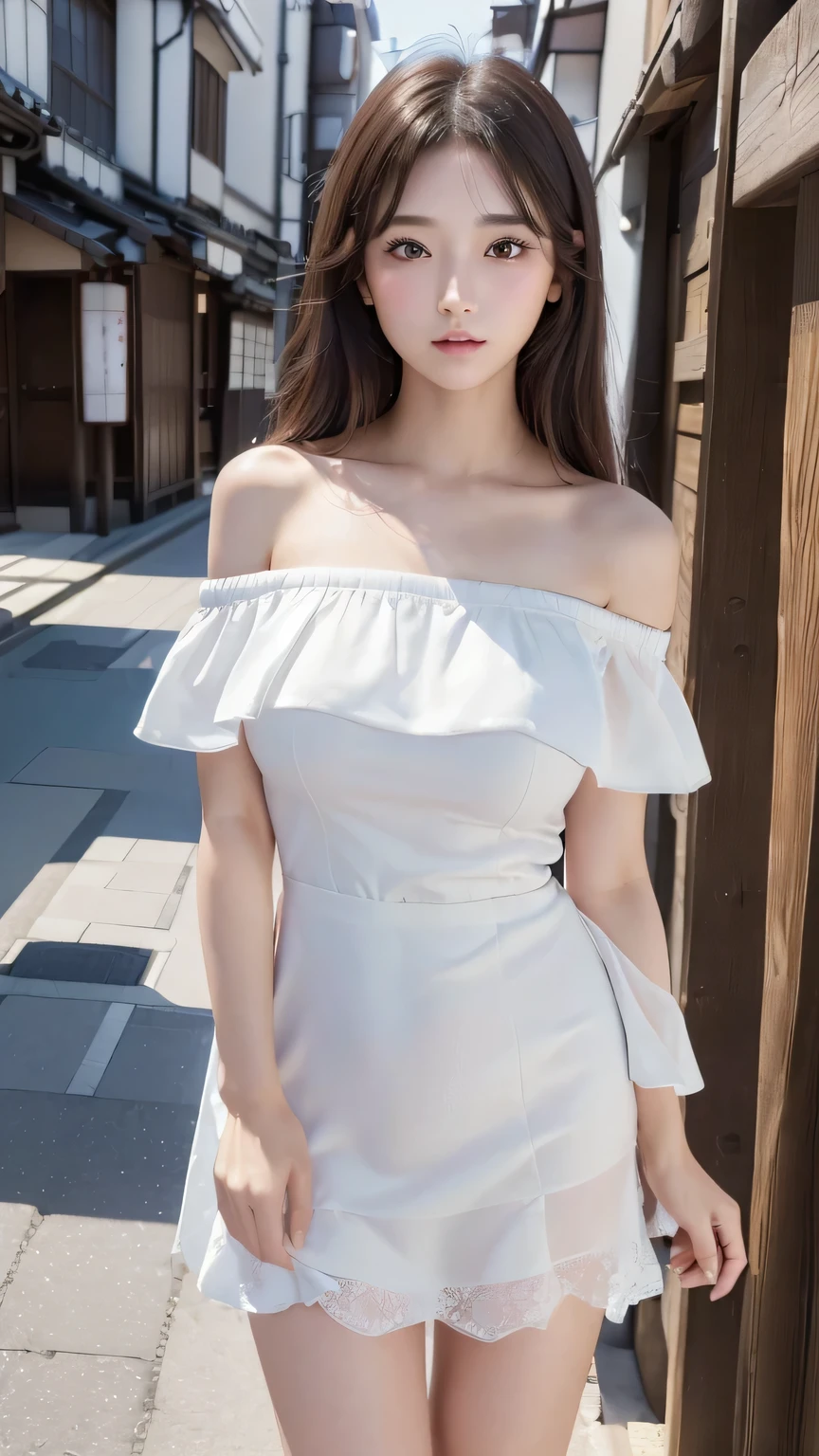 (((masterpiece))),(((High resolution)))、(((8K)))、(((perfect face)))、(((beauty of japan)))、20 years old、(((beautiful face))), (((off shoulder white dress))),  (((skirt))), embarrassed look, look at the camera, ((thighs))、top quality eyes, detailed texture, look at the camera, standing, (((plump))), big tits
