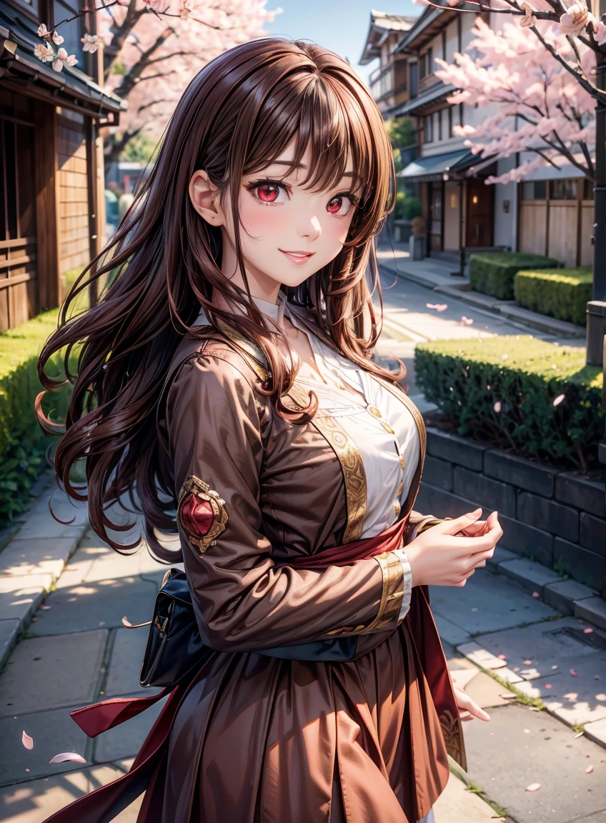 beautiful features、Japanese、brown hair、((curly hair、red eyes、Drooping eyes:1.2))、shiny smooth hair, thick bangs、(bright smile:1.2), ((Image Processing Algorithms：1.2))、highly detailed eyes, highest quality, Ultra HD, Beautiful and vivid illustrations、high contrast、Tonal correction、Ultra-realistic oily and shiny skin, Super fine, High resolution CG Unity 8K wallpaper, Raw photo, precise fingers, anatomically correct, spring outfit、Cherry blossom trees、Spring sunshine、spring breeze、