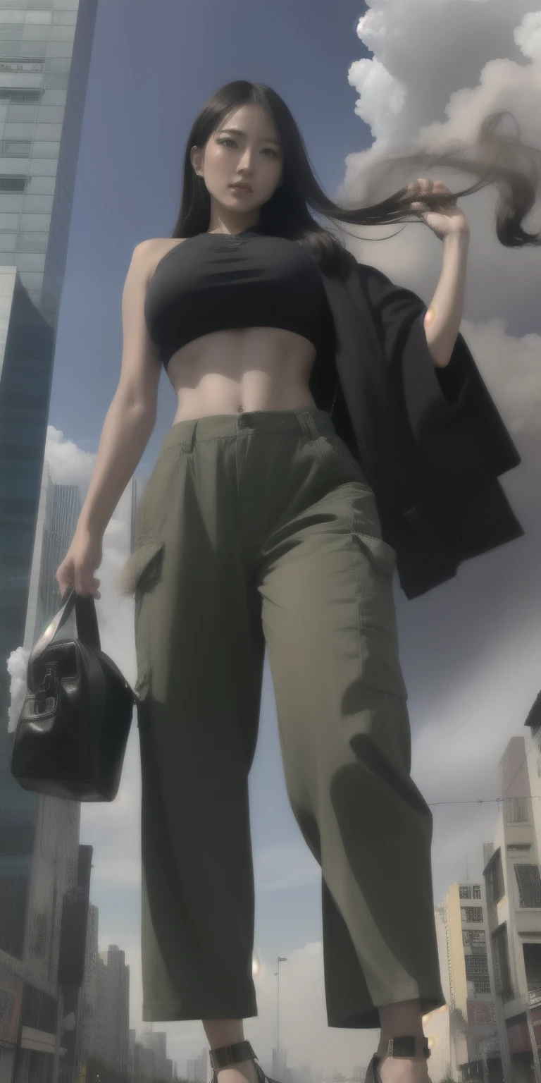 "A towering giantess with a cool, relaxed hippie style.、Rocking a crop top and baggy pants。. Her toned and athletic physique、suggests her mighty power。. It seems like you are casually strolling through the lively streets of GTS City., Towering buildings overhead. Smoke and clouds swirling around her, Enhance the grand scale and drama. 照明がdark, dark, Realistic, Create a tense and ominous atmosphere. Perspective from the bottom, Emphasize the majesty and power of giants."
