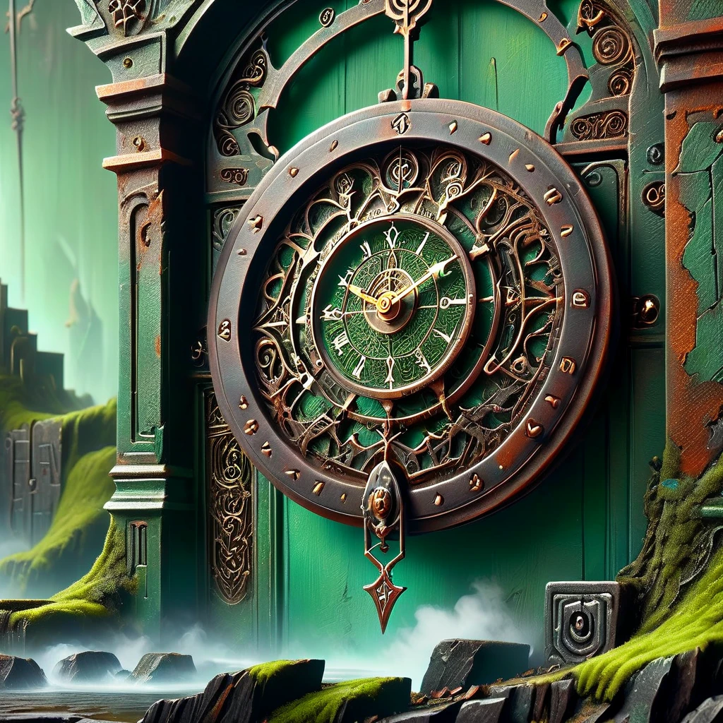 hyper detailed masterpiece, dynamic, awesome quality,DonM0ccul7Ru57XL , comfy pocket watch gate ,rust, green patina, moss