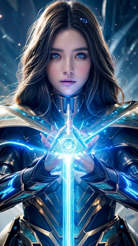 (female mecha wizard),digital art,metallic armor,glowing staff,magical spells,mesmerizing eyes and face,flowing cloak,mystical background,sparkling particles,best quality,masterpiece:1.2,ultra-detailed,realistic:1.37,HDR,vivid colors,concept artists,blue color palette,ethereal lighting