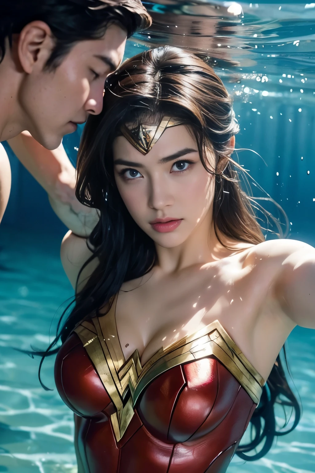 Underwater,perfect wonder woman costume,whole body,Head held underwater,In the pool沈む,Drowning in the pool,Face submerged Underwater,Underwaterに潜る,Submerge your face Underwater,In the pool,inside the fountain,Soaked Underwater,Soaking wet wonder woman,sleeping face,close ~ eye,Open your mouth,Tired face,face of suffering,sleeping face,Soaking wet hair,Wet Hair,Wet body,Fight with the men,Surrounded by men,,caught between men,licked by a man,Entanglement with men, Attacked by men,assaulted by men,being bullied by a man,Sexually abused by a man,Captured by a man,Being restrained by a man、touch your face,、Hair is pulled hard,My head is grabbed,Grab my head,brown hair, masterpiece、beautiful girl、fine eye、puffy eye、highest quality, 超High resolution, (reality: 1.4), Cinema Lighting,so beautiful、Beautiful Skin、(超reality的な)、(High resolution)、(8k)、(Very detailed)、(beautiful and fine eye)、(Very detailed)、 Detailed face、slanted bangeshi hair、brown hair、20-year-old、Wonder Woman Cosplay