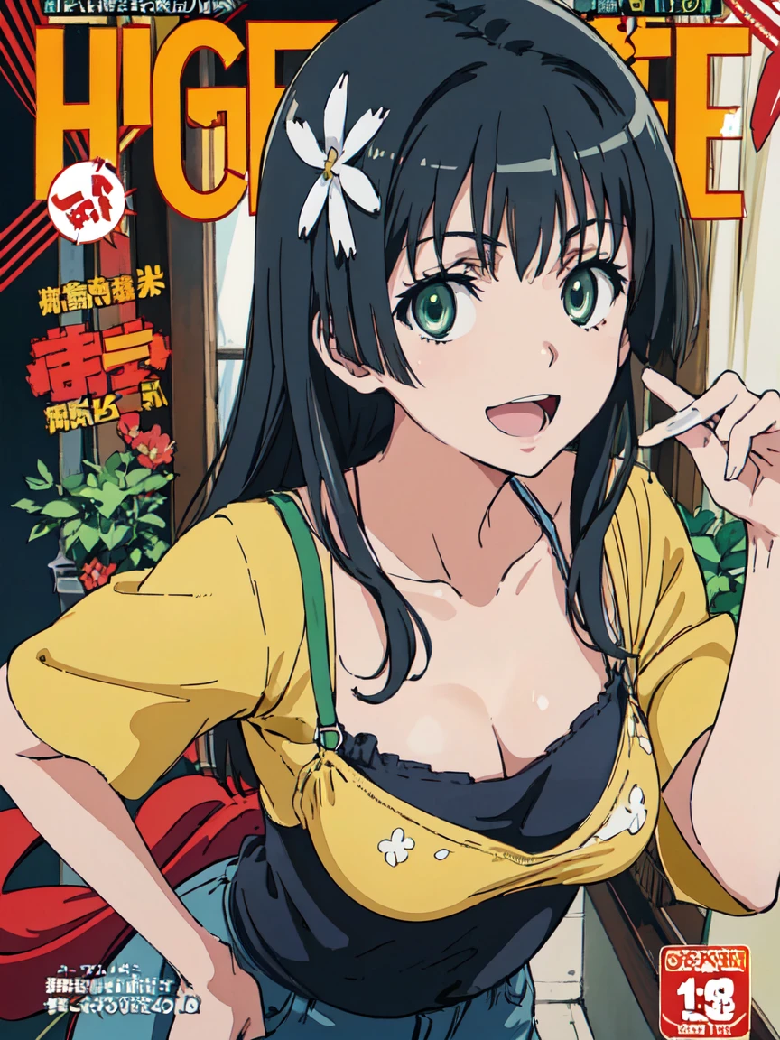 hustlercover, (High resolution:1.4), (masutepiece:1.2), (High quality:1.3) 1girl, saten ruiko, hair ornament, green eyes, long hair, black hair, small breast, huge smile. open mouth