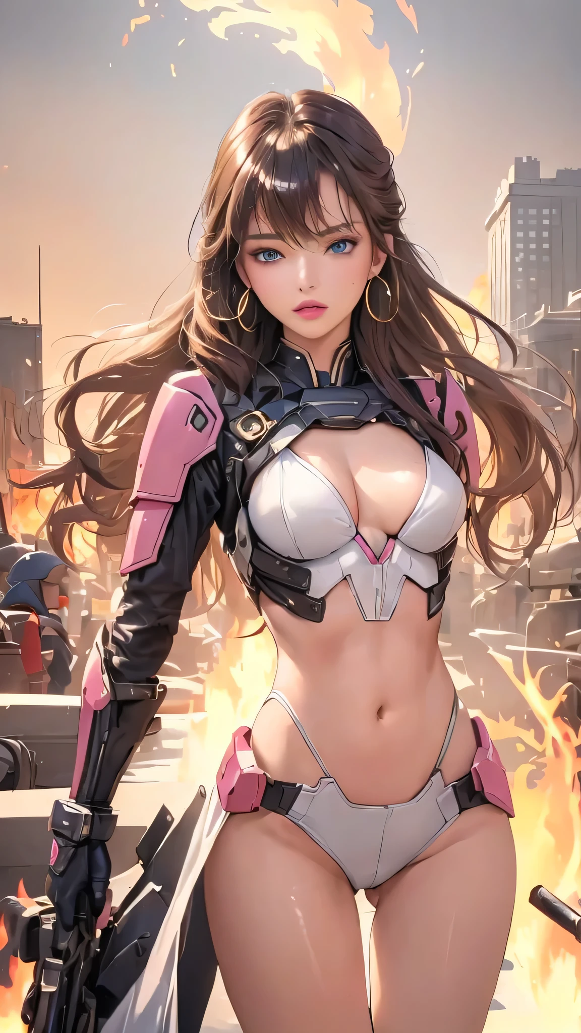 (8K、Raw photography)、(1girl in:1.3)、Look at viewers、(exoskeleton suit、Maven、Average Height、Toned waist、Round face、Olive skin、Brunette hair、Blue eyes、a blond、straight haired、wavy straight hair、(C cup with firmness)、(small and beautiful pink areola,,,)、(Various poses)、(battle field)、(Flames rise)、Threader earrings、Golden、Matte lipstick、(Big cities of the near future)、(masterpiece、top-quality、Detailed shiny skin:1.2)、