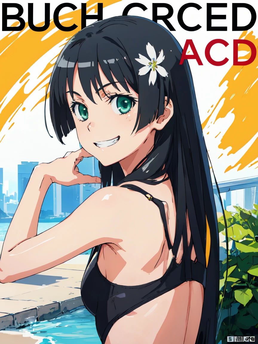 bbc cover, (High resolution:1.4), (masutepiece:1.2), (High quality:1.3) 1girl, saten ruiko, green eyes, long hair, black hair, small breast, grin