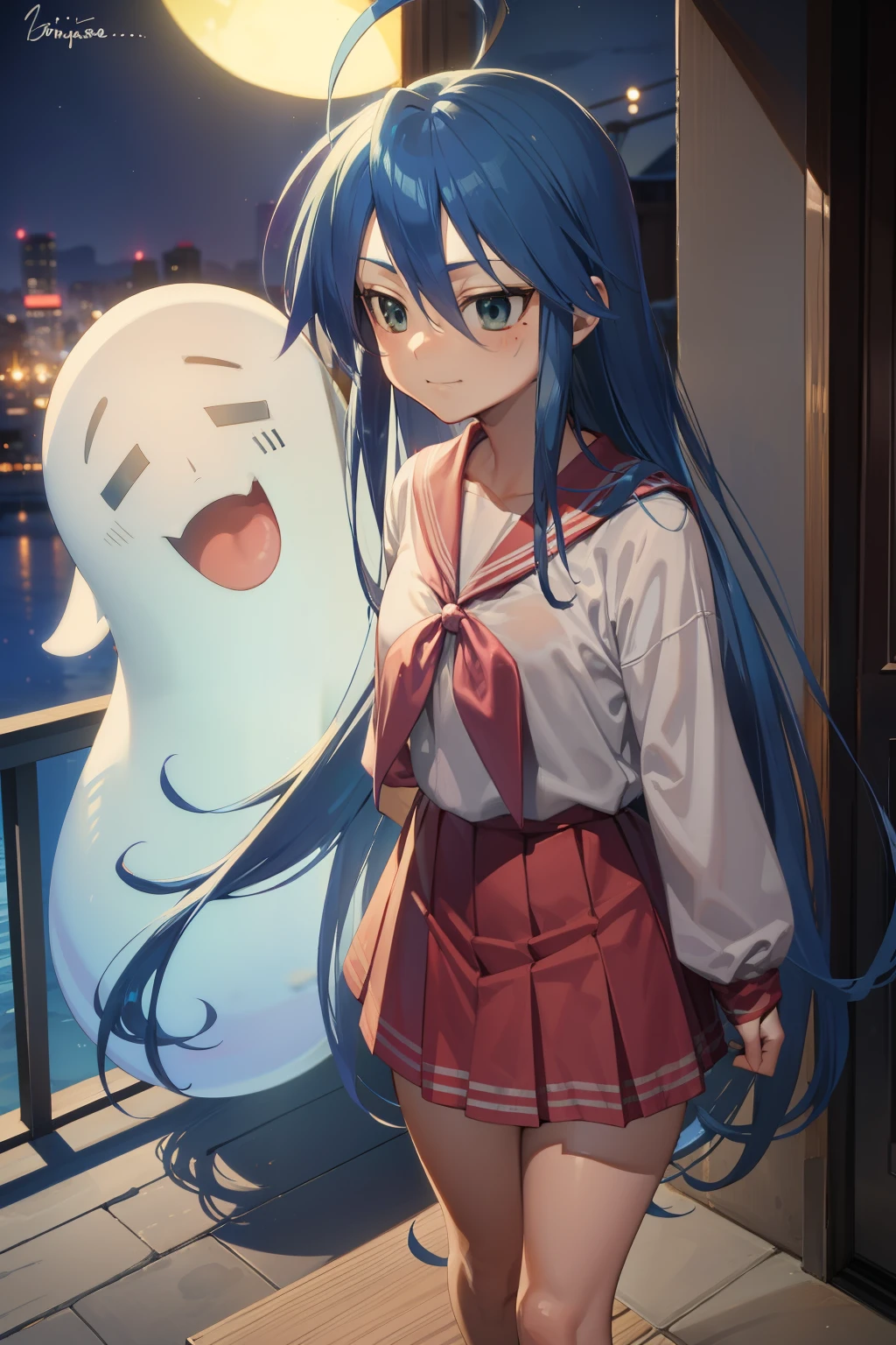 Masterpiece , konata izumi , blue hair,  smug,  japonese ghost costume cosplay , night  florest .