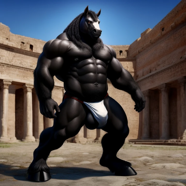 Furry, Antro Bara, [Horse color dark Black metal] , [Fundoshi Bulto Male Big], [Fundoshi White], Solo, [Bulto Male Big], Big Balls, Hooves , Detallado, cuerpo completo, Cuerpo Peludo Negro, Cuerpo Perfecto Fondo Ciudad Romano, Pupil Eyes, Alta resolucion,