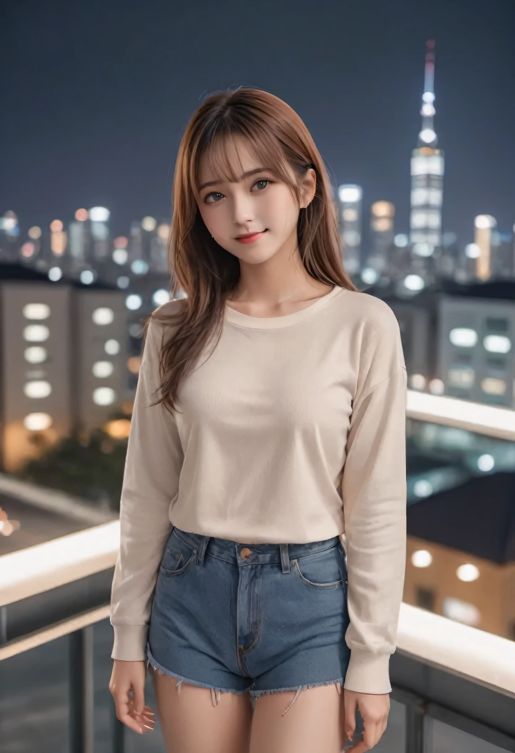 masterpiece、Mastepiece、girl、Random hairstyle、clear eyes、look at the viewer with a smile、Perfect proportions、full body shot、random clothes、Sexy pose、The background is a cityscape