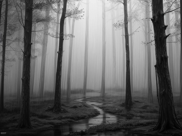 Black and white atmosphere of a forest in rainy weather, where the figures of ravens, gather around  a (shinny red heart painted in red ink) in the center of the escene, are blurred in the rain. Ink wash style, the depiction of rain and mist with the details of the landscape highlighted, 