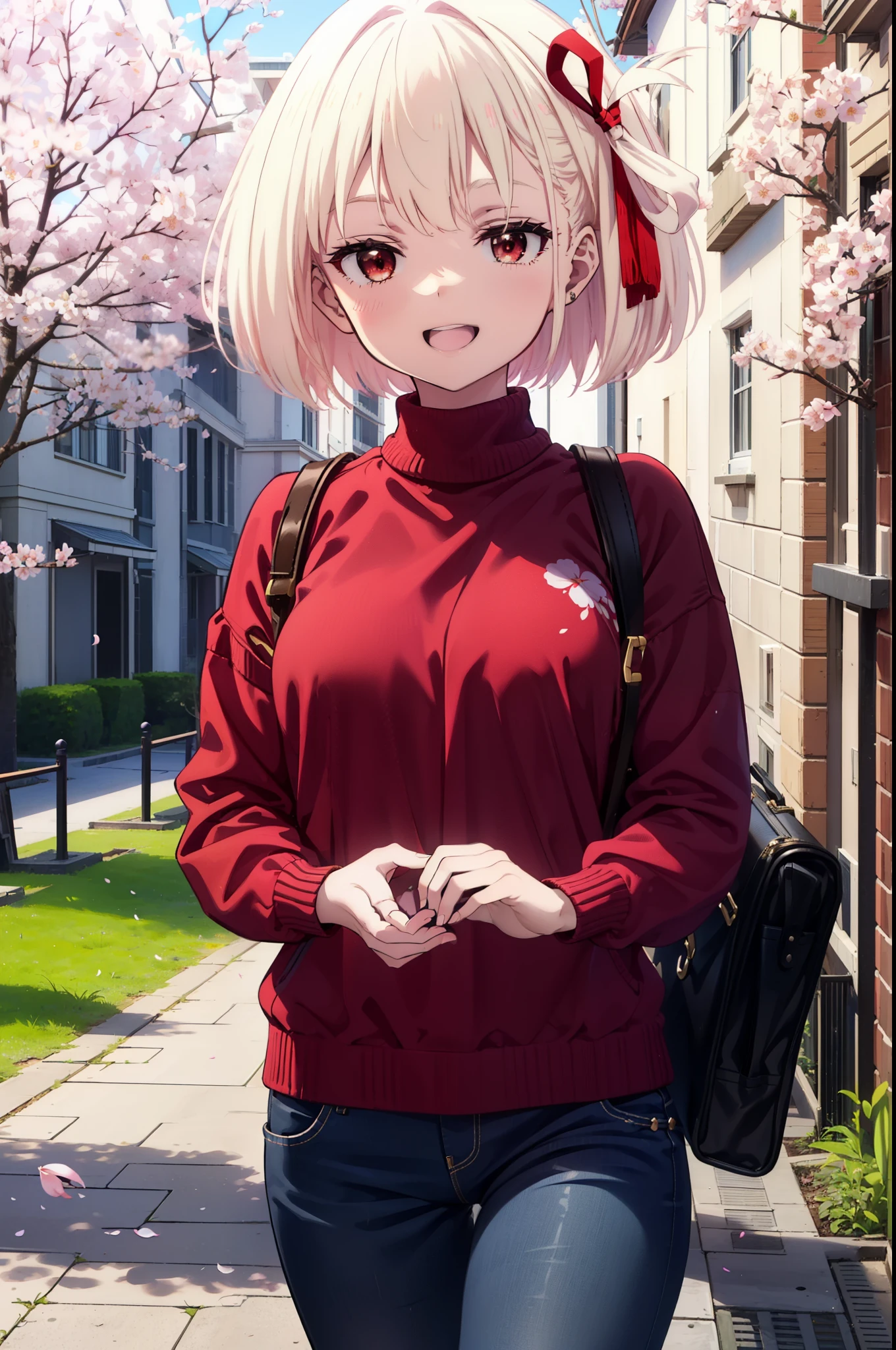 chisatonishikigi, Chisato Nishikigi, Long Hair, bangs, Blonde, (Red eyes:1.5), hair ribbon, One side up, short braided hair,happy smile, smile, Open your mouth,Red oversized sweater,short denim pants,Black pantyhose,Mini Boots,Cherry blossoms are blooming,Cherry blossoms are scattered,Cherry blossom tree-lined path,
break outdoors, University School building,
break looking at viewer, (Cowboy Shot:1.5),
break (masterpiece:1.2), highest quality, High resolution, unity 8k wallpaper, (figure:0.8), (Beautiful fine details:1.6), Highly detailed face, Perfect lighting, Highly detailed CG, (Perfect hands, Perfect Anatomy),