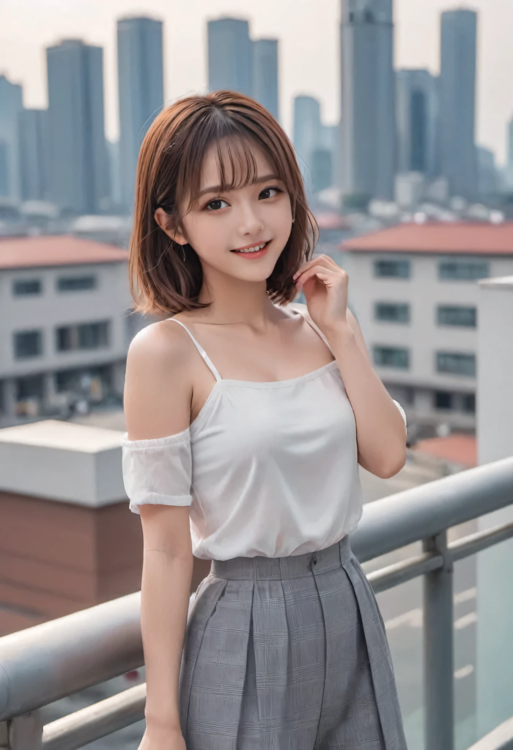 masterpiece、Mastepiece、girl、Random hairstyle、clear eyes、look at the viewer with a smile、Perfect proportions、full body shot、random clothes、Sexy pose、The background is a cityscape