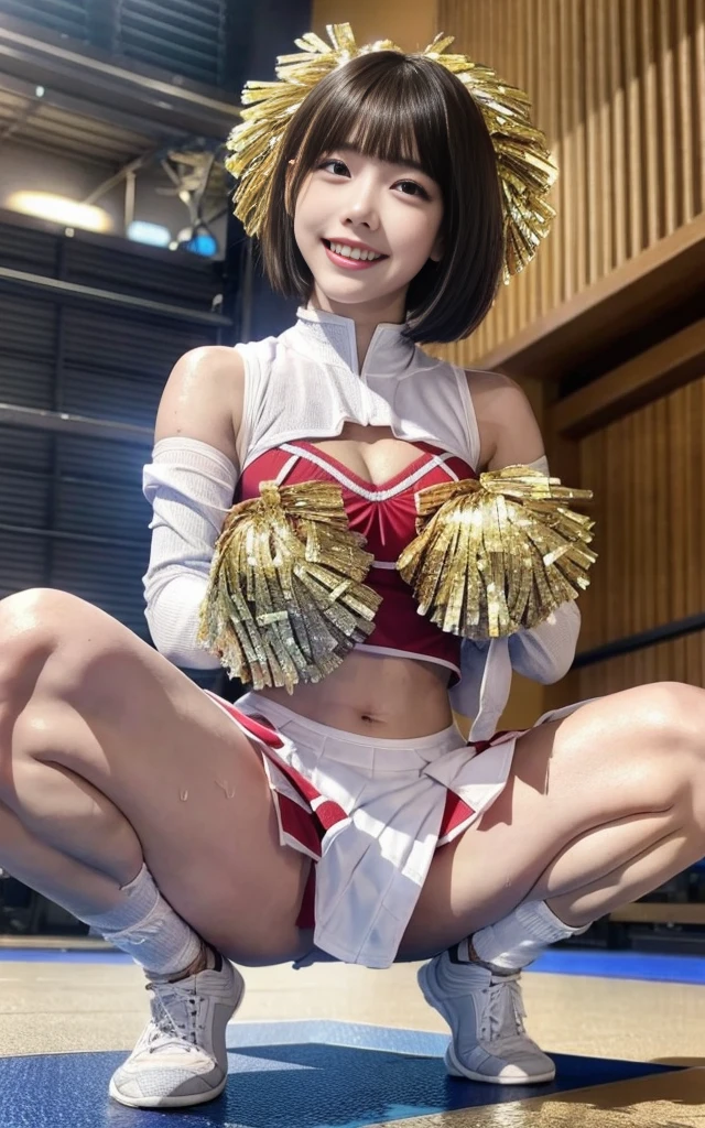 NSFW:1.5,8K raw photos、1girl,Beautie:2.0、24 year old、japanes idol,cleavage of the breast、((cheer girl:1.5))、a miniskirt、beautiful eyes finely detailed、Eye lashes、((Brown eyes:1.2))、Beautiful double eyelids、eyeshadows、Perfect eye makeup、((A smile:1.6))、Beautiful and thin legs、(chestnut-colored hair)、short cut Hair、fluffy hair、stadio、Daytime、Latina、Photorealsitic:1.9、Sexy navel、Skinny Legs、tthin eyebrows、Tear bag、lofty nose、((Highly sexual)),((Her nipples are transparent due to sweat, big areola)):1.5,((squatting,wide open legs,))